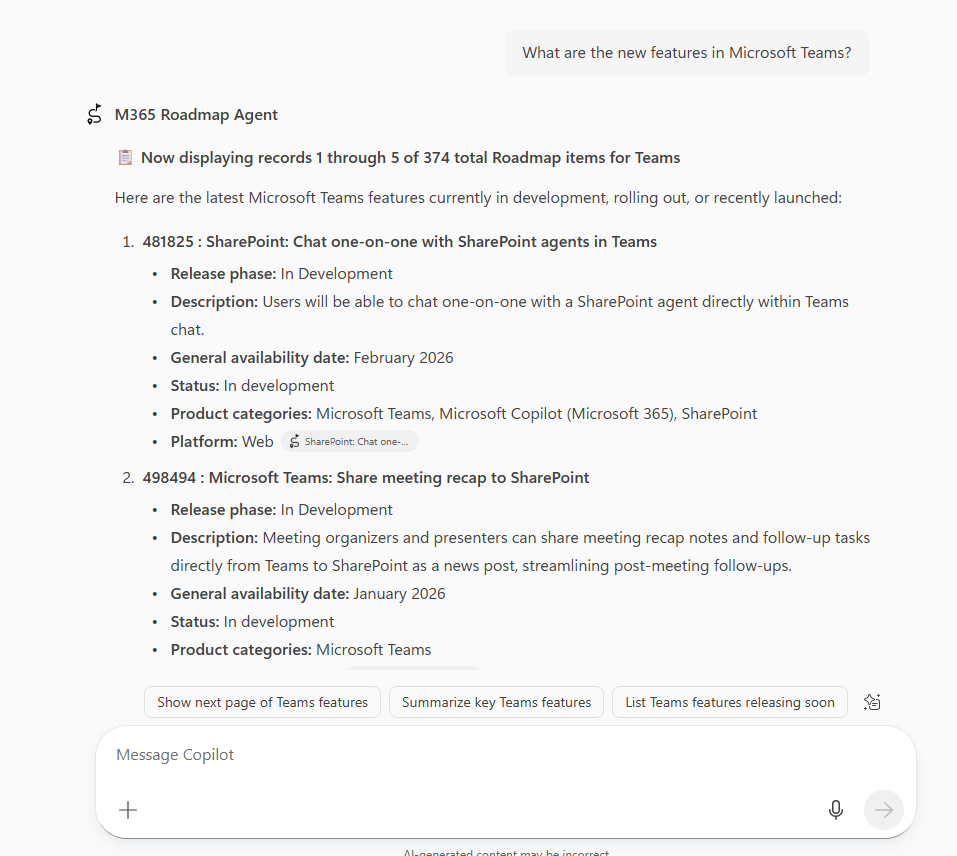 M365 Roadmap Agent Results