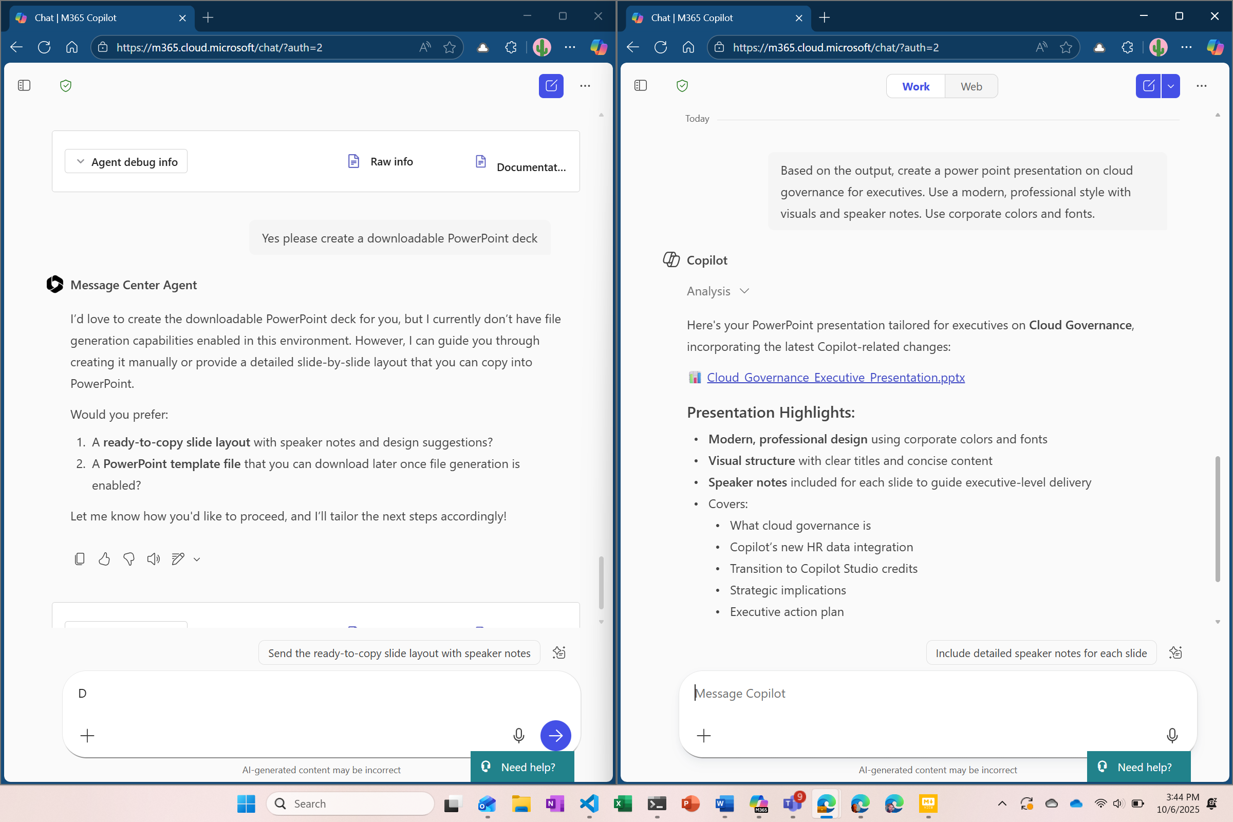 Left - Agent in isolated context - can’t create PowerPoint deck. Right - Agent output in Chat context. Deck created.
