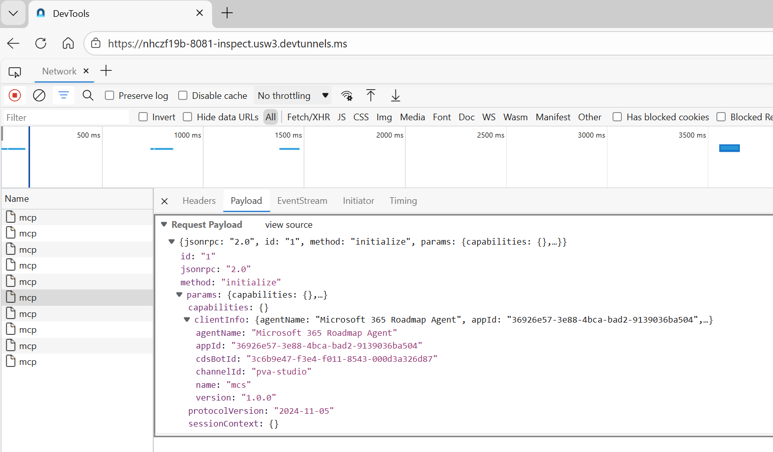 Dev Tunnel Inspection showing MCP server ‘initialize’ request from Copilot Studio