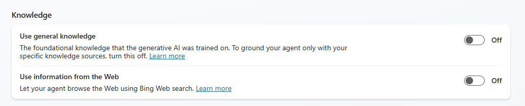 Copilot Studio Agent Settings disabling web and internal knowledge