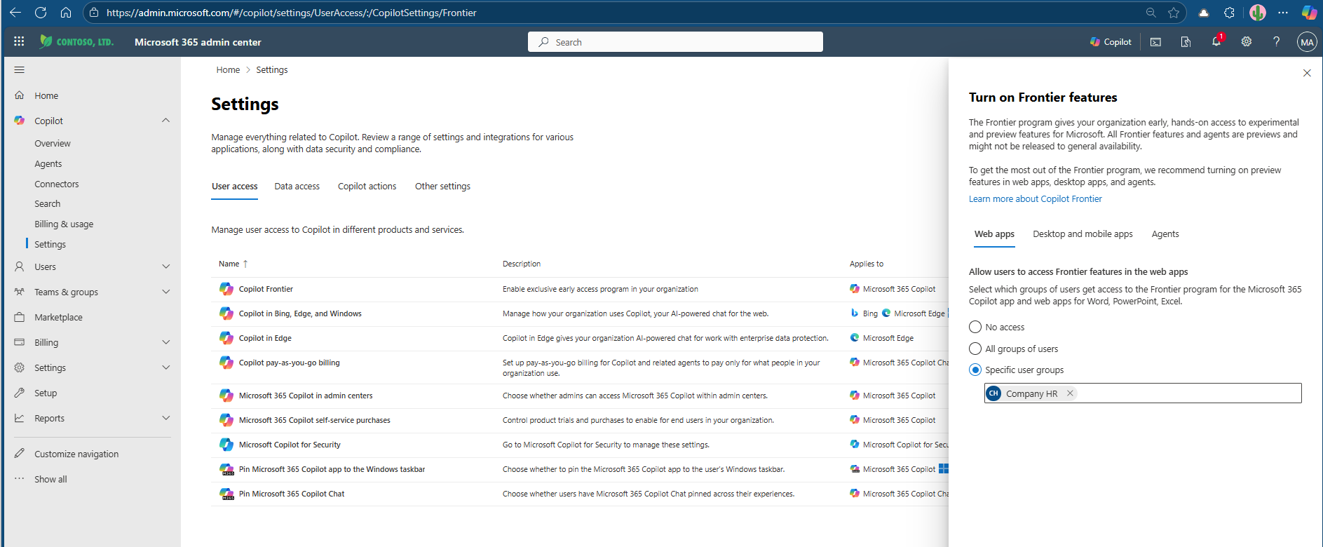 Copilot Frontier in Admin Center